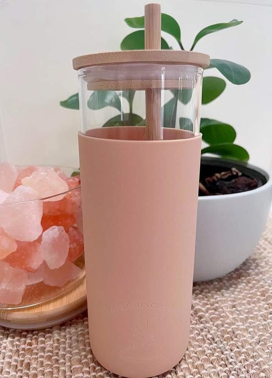 Glass Drink Bottle With Bamboo Straw / Nude 480mls - Mama & Ivy