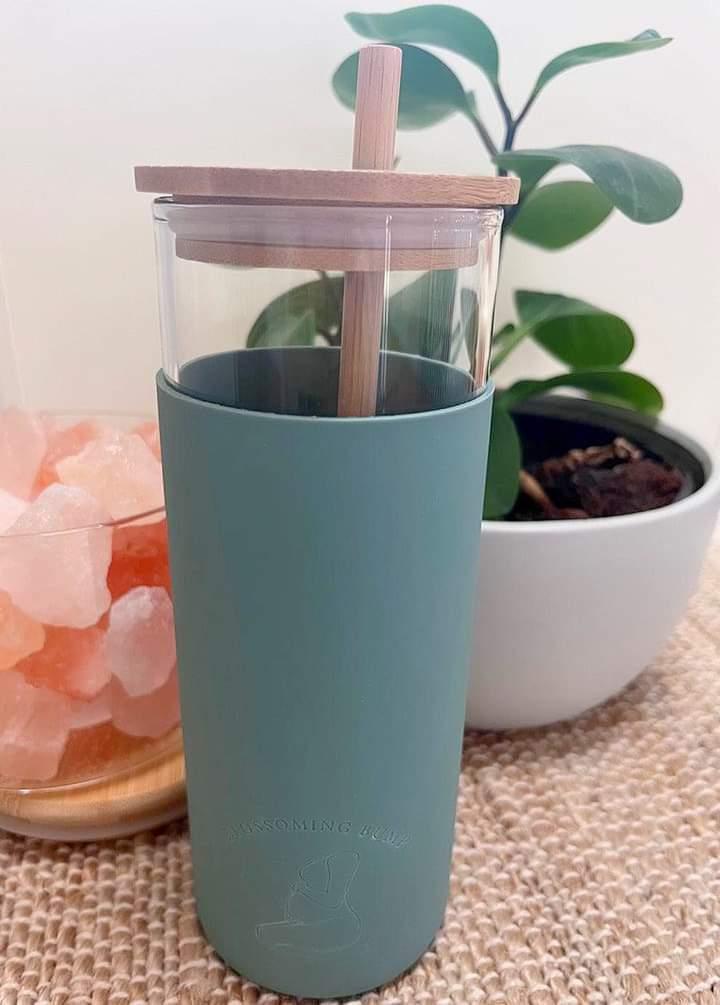 Glass Drink Bottle With Bamboo Straw / Olive 480mls - Mama & Ivy