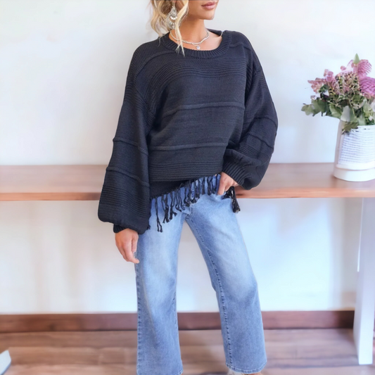 Aria Fringe Knit Jumper / Black - Mama & Ivy