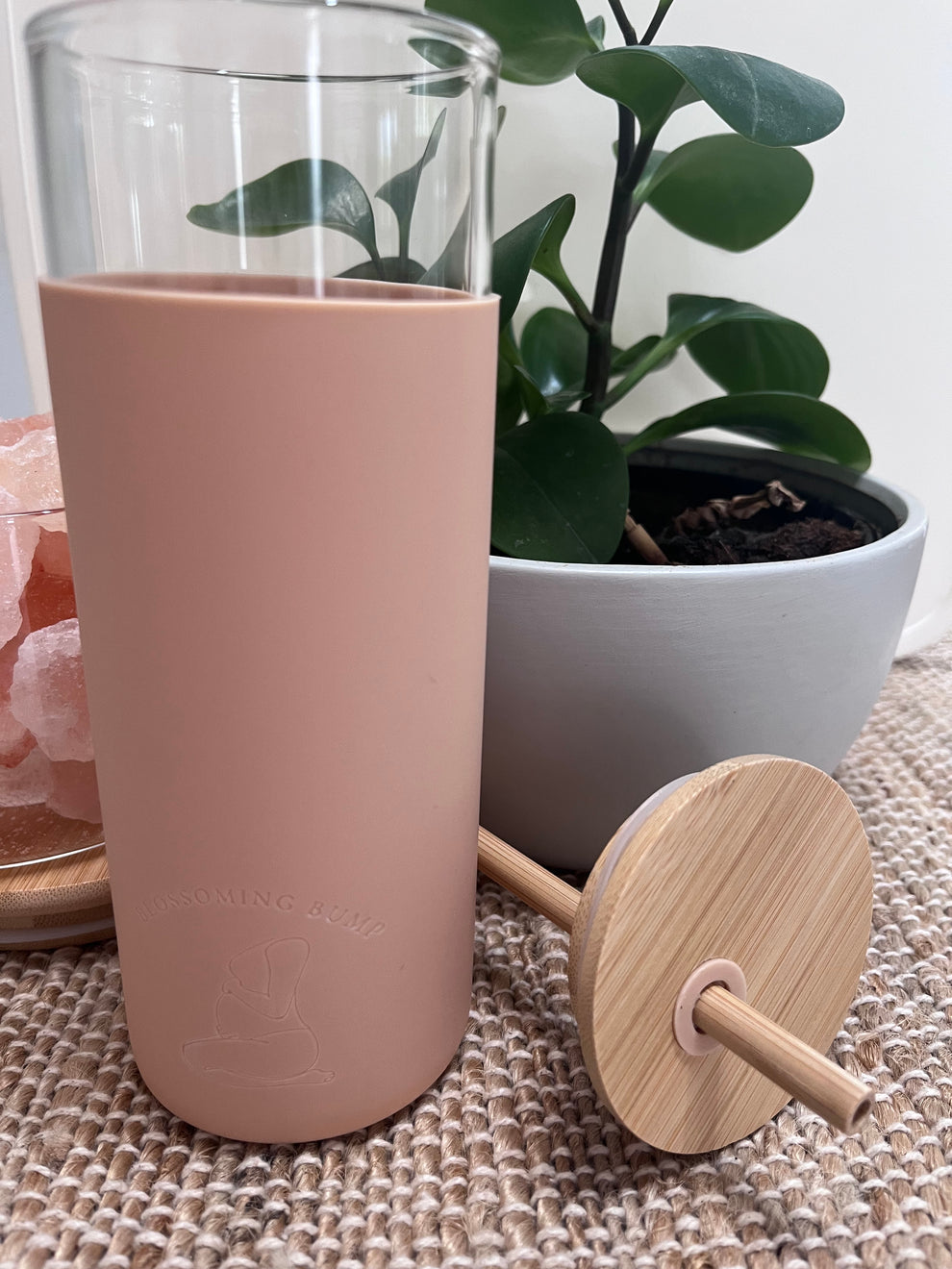 Glass Drink Bottle With Bamboo Straw / Nude 480mls - Mama & Ivy