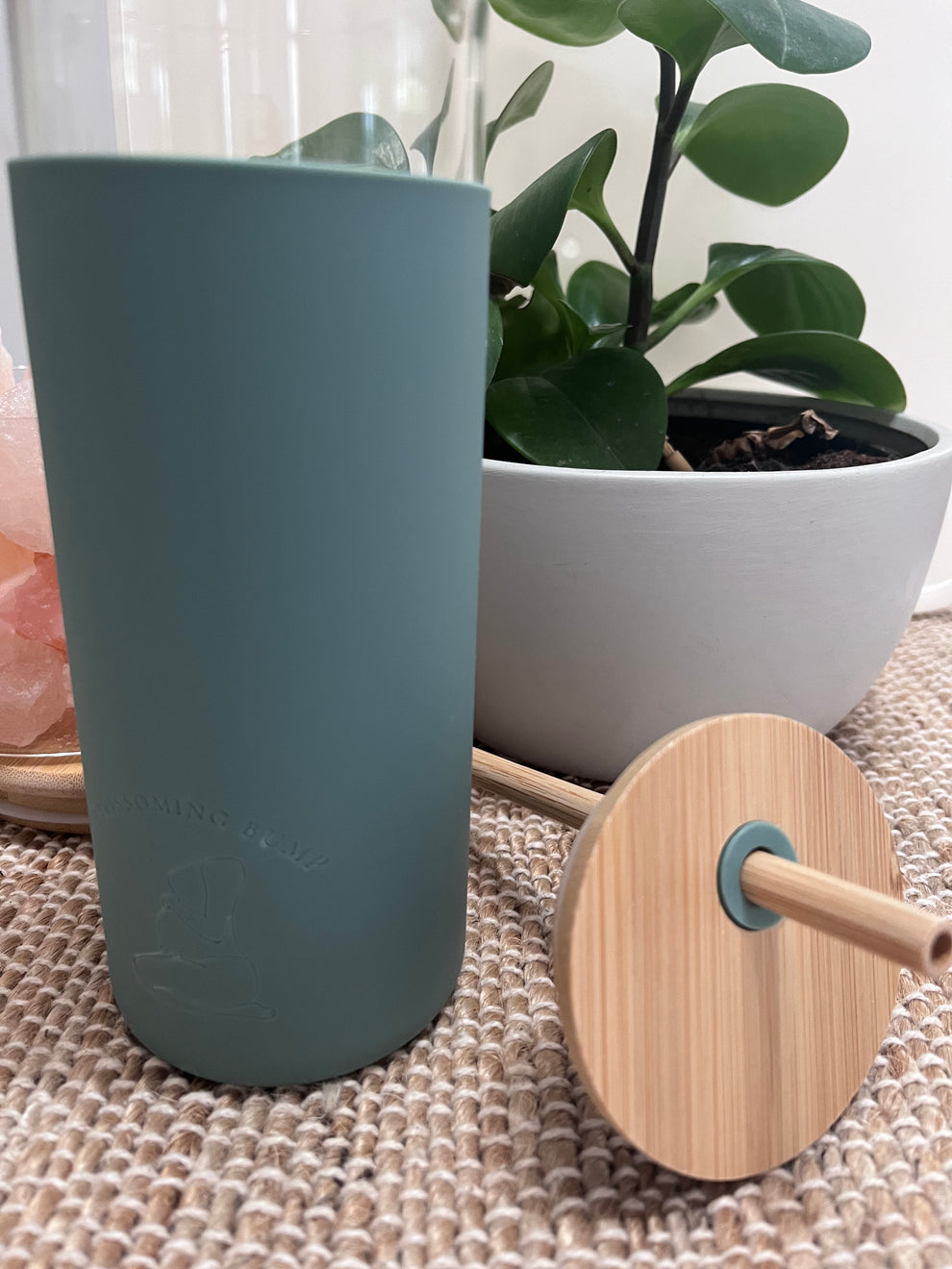 Glass Drink Bottle With Bamboo Straw / Olive 480mls - Mama & Ivy